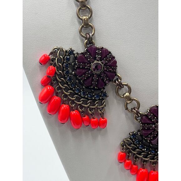 J. CREW Fan Fringe Flower Purple Orange Gold Tone Statement Bib Necklace - Picture 2 of 16